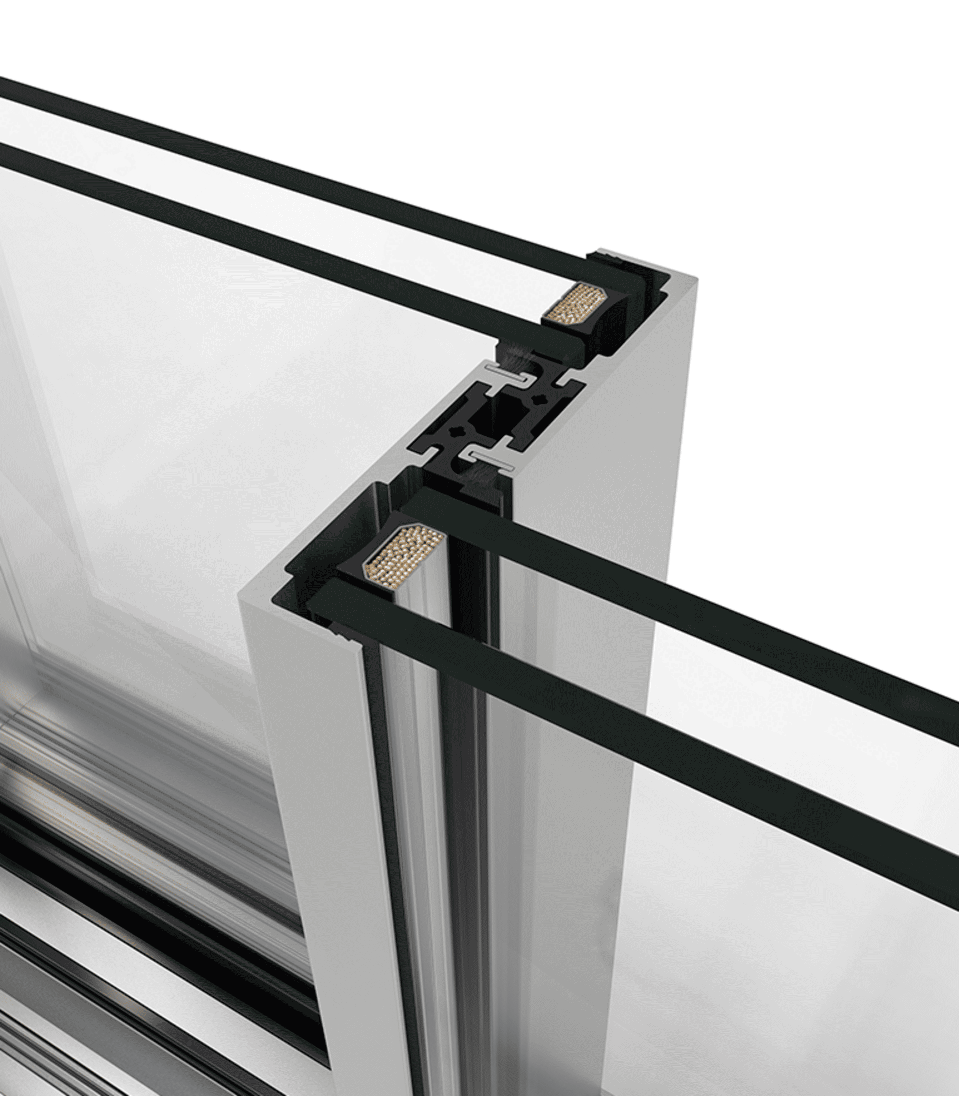 Detailed section through a precision-engineered aluminium glazing system