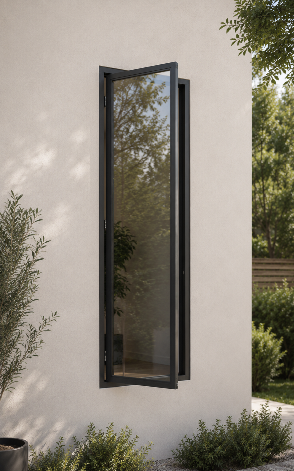 side hung window installed into a whie wall with greenery around it.