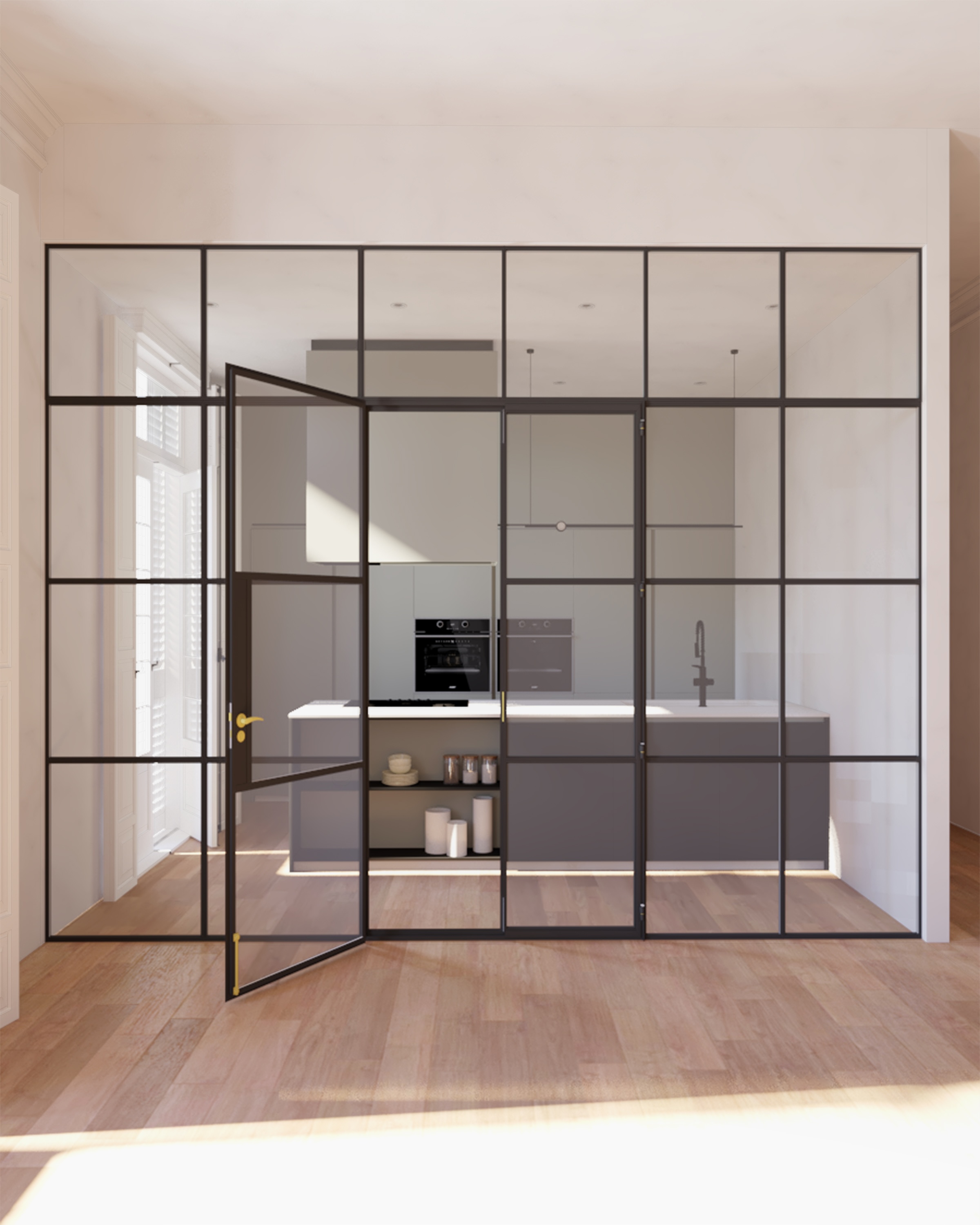 steel look internal doors and screen in a modern home.